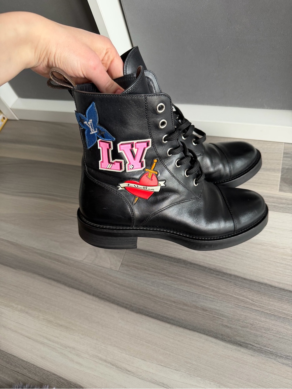 Louis Vuitton Black Leather Lace-Up Combat Boots with Pink LV & Blue Patch